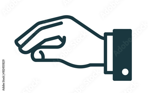 An illustrated hand wearing a suit cuff is shown gesturing or holding something lightly.