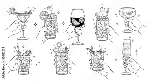 Hand-drawn vector set of wine glasses and bottles with cocktail, beer, and martini icons for bar and restaurant design