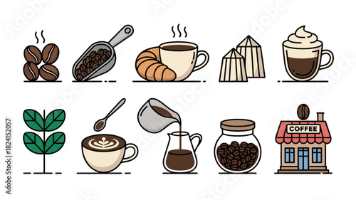 A collection of stylized illustrations depicting various elements related to coffee, including beans, a croissant, a cup, and a coffee shop.