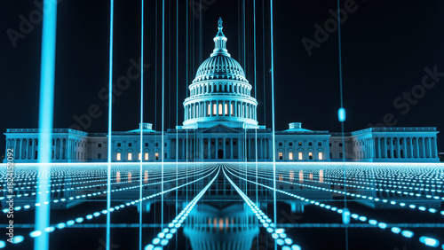 Futuristic digital representation of government building with glowing lines and reflective surface, creating high tech atmosphere