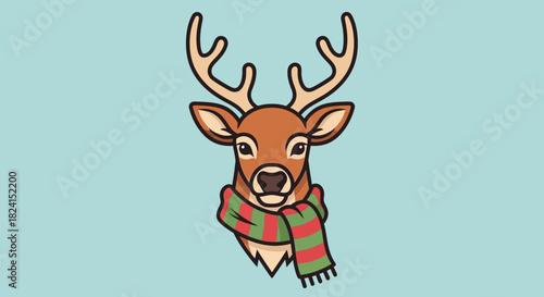 Cute cartoon reindeer head wearing a striped winter scarf illustration