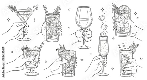 Hand-drawn vector set of wine glasses and bottles with cocktail, beer, and martini icons for bar and restaurant design