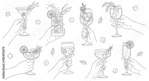 Hand-drawn vector set of wine glasses and bottles with cocktail, beer, and martini icons for bar and restaurant design