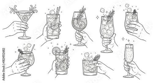 Hand-drawn vector set of wine glasses and bottles with cocktail, beer, and martini icons for bar and restaurant design