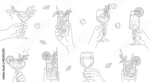 Hand-drawn vector set of wine glasses and bottles with cocktail, beer, and martini icons for bar and restaurant design