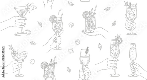 Hand-drawn vector set of wine glasses and bottles with cocktail, beer, and martini icons for bar and restaurant design