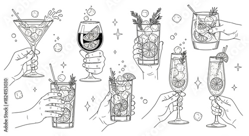 Hand-drawn vector set of wine glasses and bottles with cocktail, beer, and martini icons for bar and restaurant design
