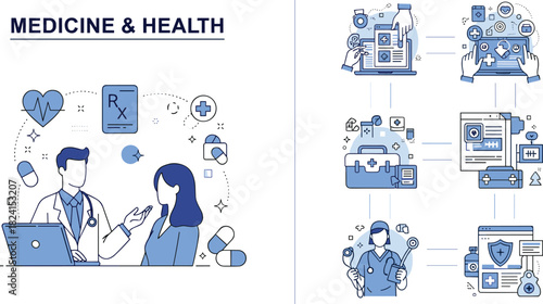 Digital healthcare illustration, doctor consultation, medical icons, health records, telemedicine tools, secure data, flat vector illustration