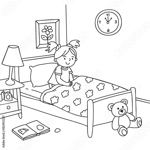 Little girl sitting in bed with a teddy bear and an open book by a nightstand and clock Keywords: girl, child, kid, bed, bedroom, awake, sitting, teddy bear, toy, book, open book, nightstand, lamp