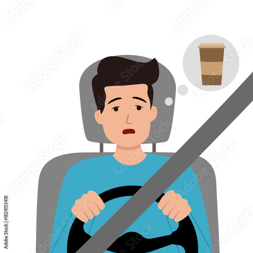 Sleepy tired driver thinking about coffee in flat design on white background. Fatigue overworked male driver has a long trip.
