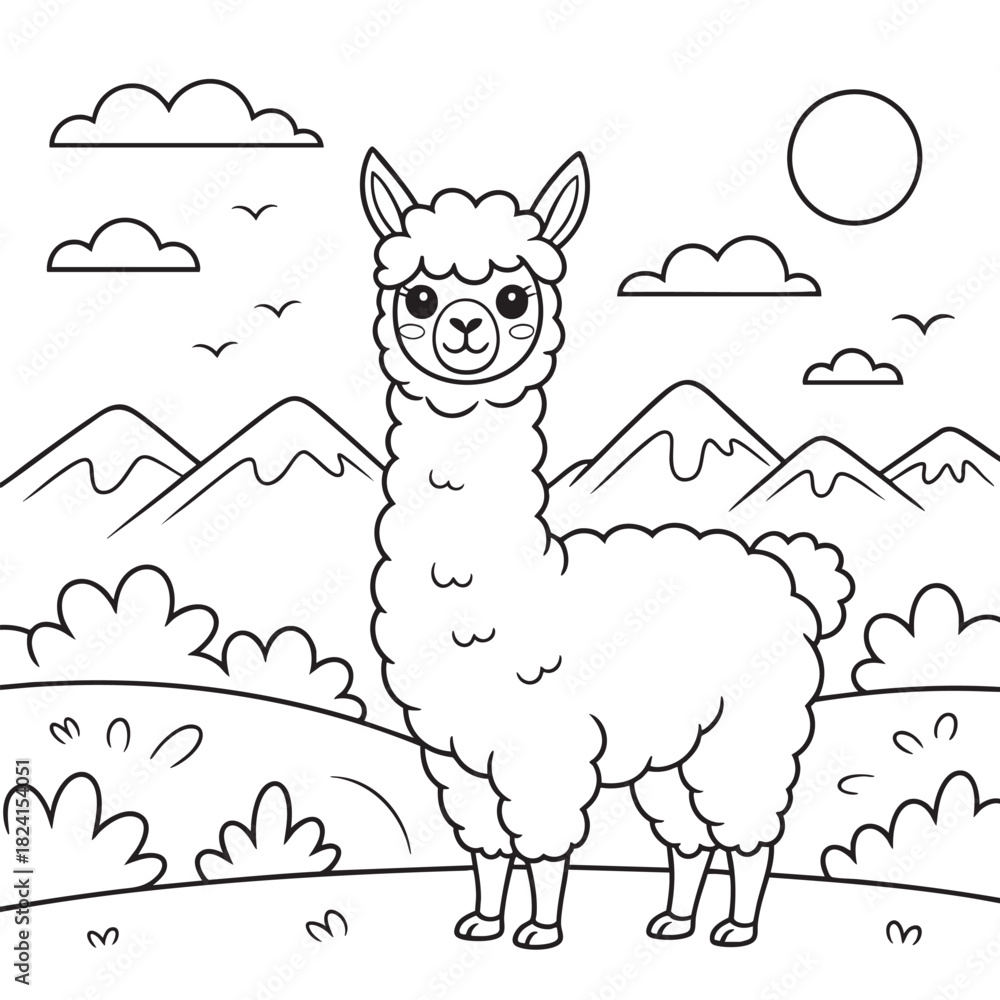 Naklejka premium Outline drawing of a llama in a landscape with mountains and clouds Keywords: llama, alpaca, animal, mammal, livestock, pet, cute, fluffy, woolly, farm, agriculture, nature, outdoors, field, grass