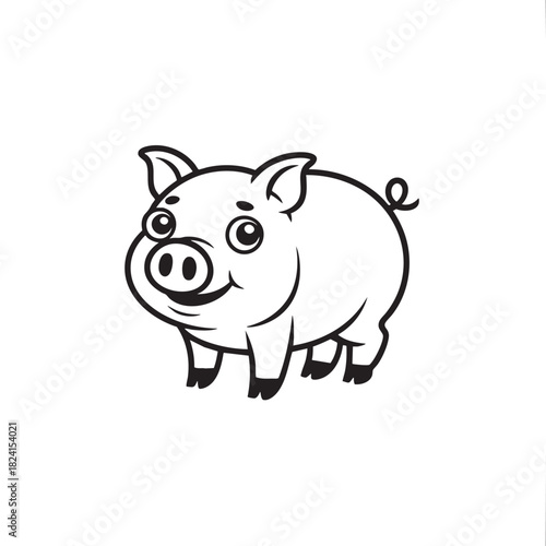 Outline drawing of a happy cartoon pig with curly tail swine animal