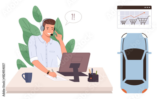 Man with headset working at desk, analyzing data with car and graphs suggesting e-commerce, sales, and remote work. Ideal for customer service, support, e-commerce, analytics, marketing business