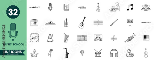 Music School Line Icons Set Instruments, Notes, Lessons, Audio Equipment & Musical Education Symbols