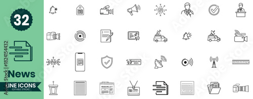 News Line Icons Set Media, Journalism, Breaking News, Broadcasting & Communication Symbols