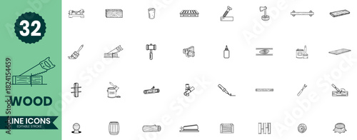 Wood Line Icons Set Carpentry Tools, Lumber, Sawing, Woodworking Equipment Outline Icon Pack