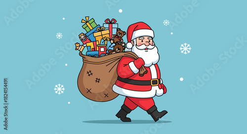 Cartoon santa claus walking with a large sack full of presents