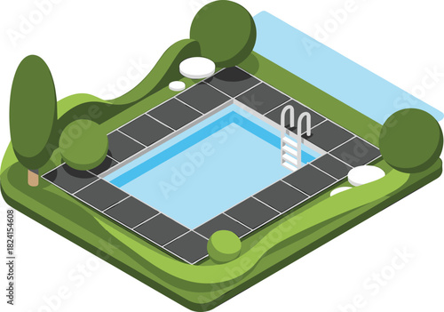 Isometric 3D swimming pool illustration, outdoor leisure area with trees, garden landscape design, relaxing recreation space, modern backyard pool scene
