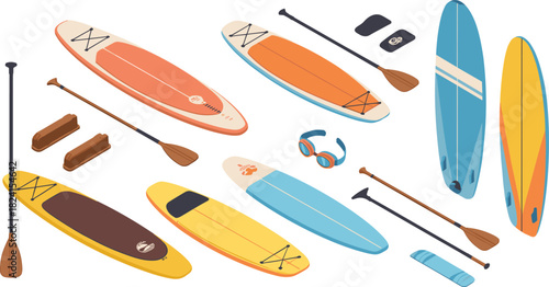 Flat isometric illustration of paddle boards and accessories, colorful stand up paddle gear with paddles, surfboards, goggles, and water sport equipment