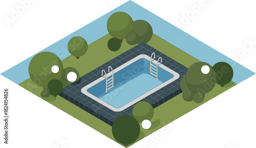 Isometric 3D swimming pool illustration, outdoor leisure area with trees, garden landscape design, relaxing recreation space, modern backyard pool scene