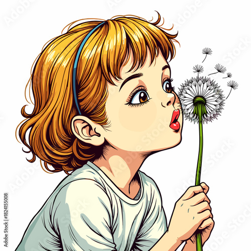Young girl blowing dandelion seeds with a dreamy expression in a light and colorful style