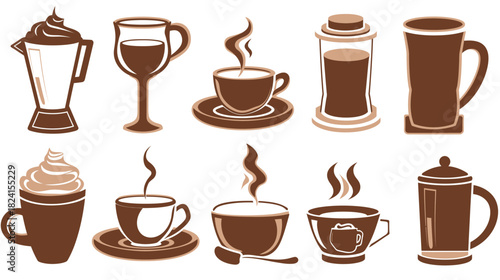 Vector illustration of coffee chocolate and hot beverages drinks set, featuring cups mugs and cocoa, warm café drink collection in clean flat design style for menu branding and food projects