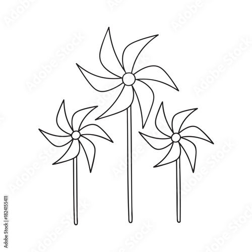 Three black and white line drawings of pinwheels on sticks Keywords: pinwheel, toy, wind, spinning, garden, outdoor, play, children, summer, decoration, simple, outline, drawing, illustration