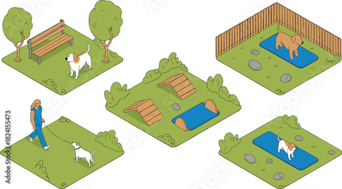 Isometric dog park illustration, outdoor pet training areas with agility equipment, walking zone, fenced play space, dogs exercising in green landscape