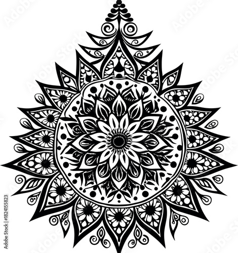 Intricate black and white mandala design featuring floral petals, ornamental line art, and a symmetrical sunburst pattern, perfect for decor, crafts, and tattoos.