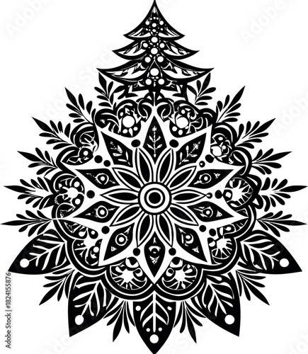 This image is a black and white digital design of a decorative snowflake and Christmas tree motif, often used for crafting or as a mandala-style pattern, including temporary tattoos, home decor,  home
