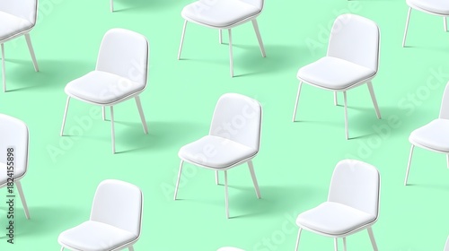 Clean and minimalist modern white chairs are displayed in a consistent geometric pattern across a vibrant mint green background casting soft distinct shadows