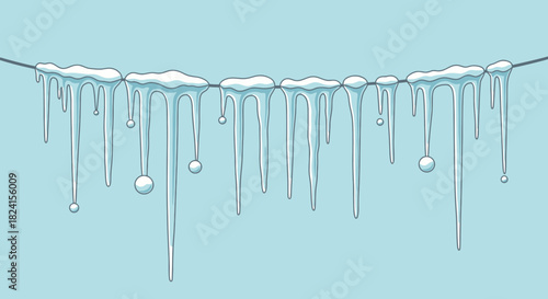 Row of melting icicles hanging from a thin wire against blue