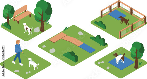Isometric dog park illustration, outdoor pet training areas with agility equipment, walking zone, fenced play space, dogs exercising in green landscape
