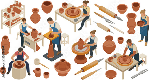 Isometric pottery workshop scene, artisans shaping clay on wheels, ceramic tools, vases, pots, crafting process, creative studio environment, detailed illustration