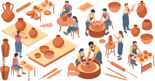 Isometric pottery workshop scene, artisans shaping clay on wheels, ceramic tools, vases, pots, crafting process, creative studio environment, detailed illustration