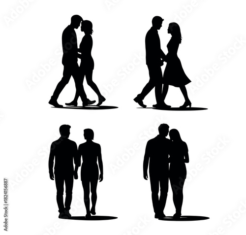 Silhouettes of couples walking together, representing romance, relationships, and companionship in various poses.