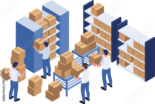 Isometric warehouse scene with workers organizing boxes, storage shelves, logistics teamwork, inventory management process, distribution center illustration