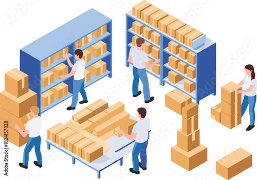 Isometric warehouse scene with workers organizing boxes, storage shelves, logistics teamwork, inventory management process, distribution center illustration