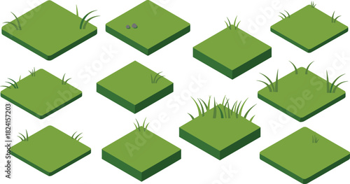 Set of isometric grass tiles with different grass variations, stylized green terrain blocks, landscape game assets, outdoor environment elements