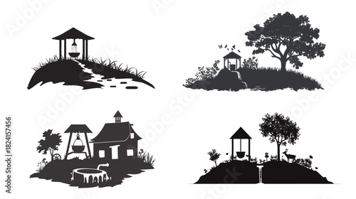 Village Water Well Silhouette Vector