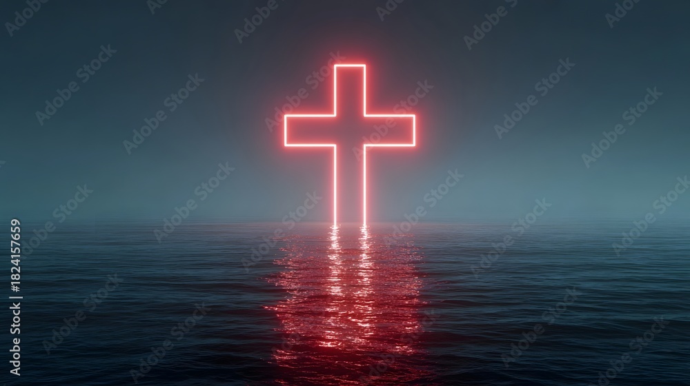 Fototapeta premium A luminous red neon cross stands as a beacon over dark rippling water enveloped in a mysterious fog symbolizing faith and spirituality