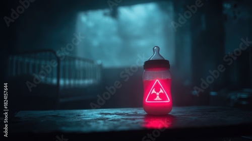 Surreal red glowing baby bottle marked with a biohazard warning, placed in a decayed nursery room, symbolizing the danger of infant botulism and contamination risks in a dramatic conceptual scene.