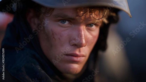 Close-up of firefighter’s face covered in soot and sweat, eyes reflecting firelight — an intimate and human portrayal of exhaustion, determination, and the emotional weight of those who risk their