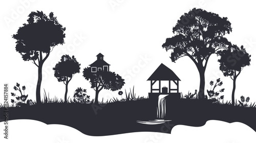 Village Water Well Silhouette Vector