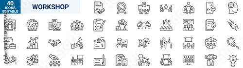 Workshop web icons in line style. Business. Containing team building, teamwork, coaching, meeting, managing, coaching.