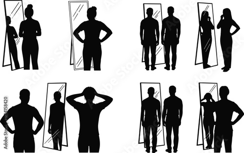 People silhouettes standing and posing in front of mirrors, self reflection and identity concept, minimal black flat vector illustration set