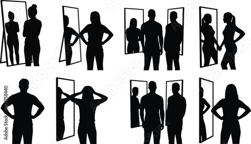 Monochrome silhouettes of people standing and posing in front of mirrors, self reflection concept, minimal flat vector illustration for design