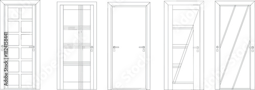 Modern interior door designs set in technical line art, architectural front and room doors CAD vector illustration collection