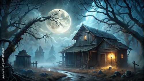 Mysterious, aged wooden house under a full moon in a spooky, fog-laden forest with gnarled trees and skeletal remains