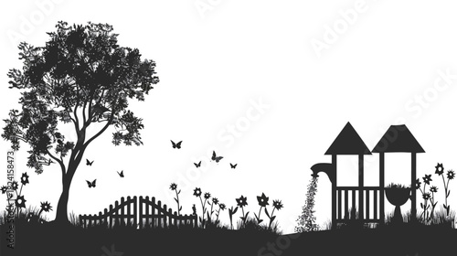 Village Water Well Silhouette Vector